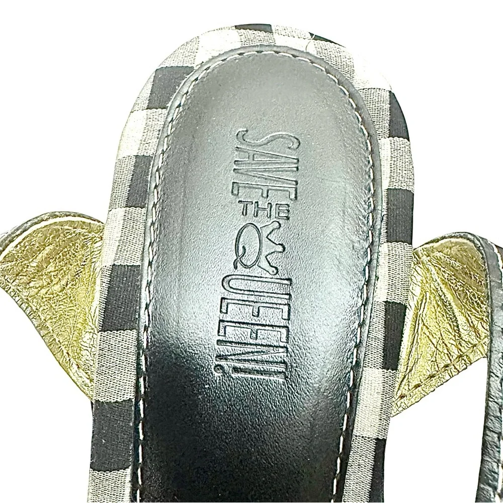 Save The Queen Wedge Sandals Black White Fabric Checks EU 37 US 7 Made In Italy
